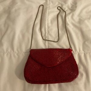 Andre Cellini red beaded evening bag, some beads missing on top right side.